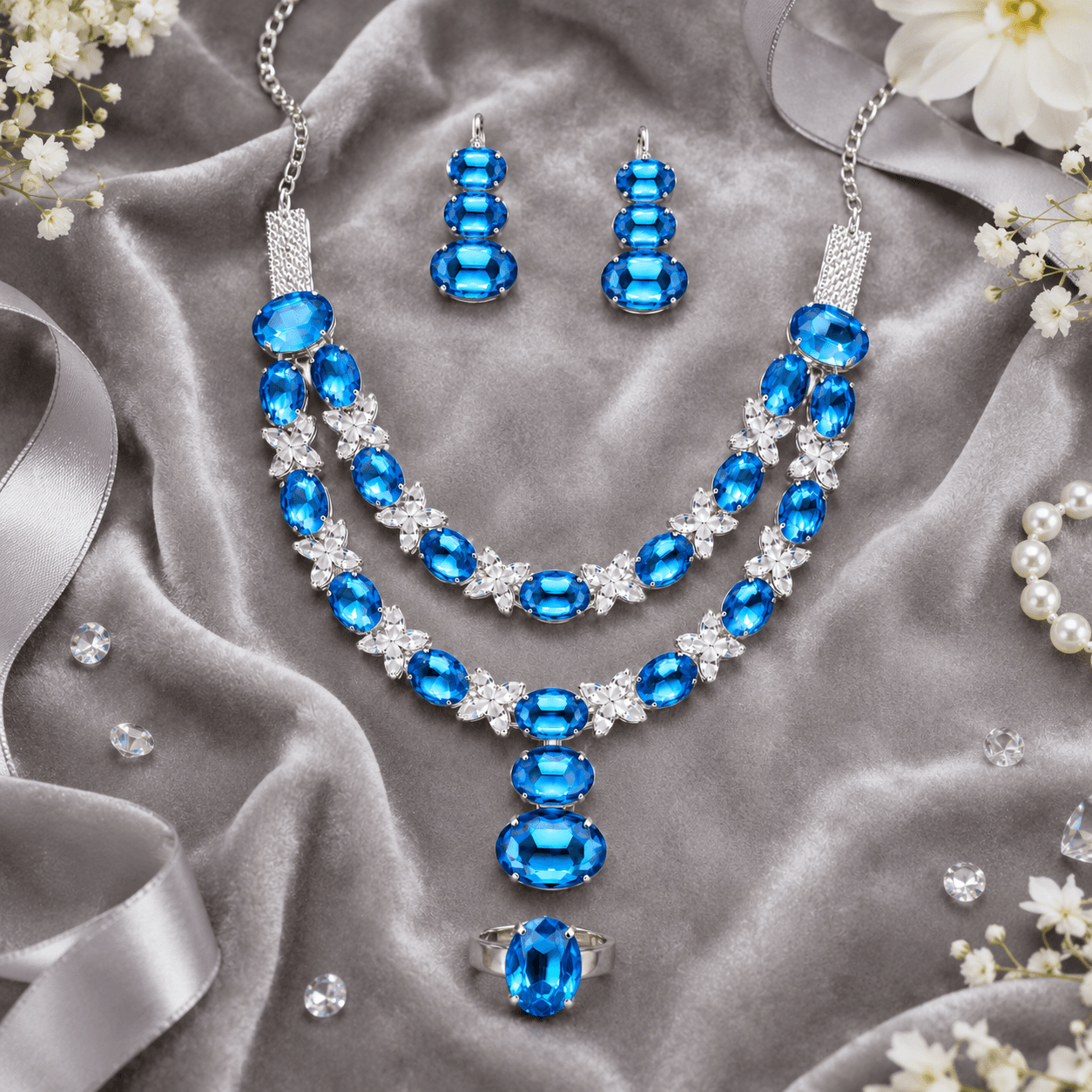 Emerald Bloom Ensemble Jewelry Set in Sky Blue — Viora Jewel